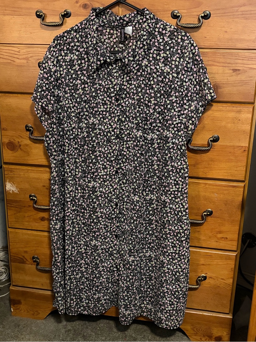 Divided Black Midi Shirt Dress with Pink & White Floral Print